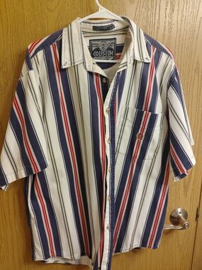 Coliseum Men's Short-Sleeve Button-Down Shirt — Navy, Red & White Stripes